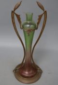 An Jugendstil brass and iridescent glass vase, height 33cm