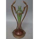 An Jugendstil brass and iridescent glass vase, height 33cm