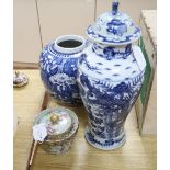 A Chinese blue and white vase, height 39cm, a ginger jar, etc.