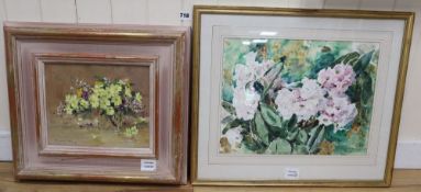 Robert King, oil on canvas, 'Primroses', 22 x 27cm and a watercolour of Rhododendrons by Francis