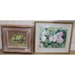 Robert King, oil on canvas, 'Primroses', 22 x 27cm and a watercolour of Rhododendrons by Francis