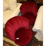 A pair red dralon upholstered scallop back chairs, Width 68cm