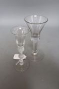 A mid 18th century airtwist stem wine glass and a mid 18th century drinking glass, tallest 17cm