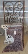 Six cast iron bench supports and brackets and wrought iron panel, largest width 37.5cm, height 80cm