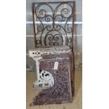 Six cast iron bench supports and brackets and wrought iron panel, largest width 37.5cm, height 80cm