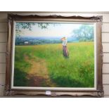 Tony Sheath, oil on canvas, Summer breeze landscape with a woman in a poppy field