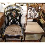 An Edwardian inlaid mahogany open armchair and a Victorian papier mache side chair (2)