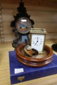 A brass carriage clock, height 11cm, a French mantel clock, a coaster and a Schuco-type robin