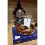 A brass carriage clock, height 11cm, a French mantel clock, a coaster and a Schuco-type robin