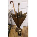 A brass umbrella/stick stand in the form of an umbrella and two other items, an ormolu-mounted