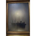Joachim van Hier, oil on board, Fishing boats under moonlight, signed, 30 x 22cm