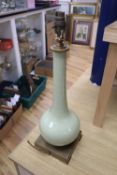 A French duck egg blue porcelain bottle neck vase converted to a table lamp, brass plinth, c.1970,