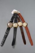 Four assorted gentleman's mid 20th century 9ct gold manual wind wrist watches, including Tavannes,