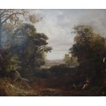 19th century English School, oil on canvas, Figures in a wooded landscape, 42 x 52cm