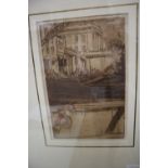 Frank William Brangwyn (1867-1956), etching printed in sepia, The Fishmonger's Hall from the