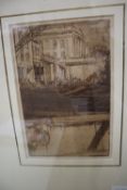 Frank William Brangwyn (1867-1956), etching printed in sepia, The Fishmonger's Hall from the