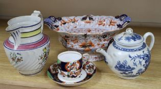 An early 19th century Caughley blue and white teapot, prattware jug and two others