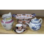 An early 19th century Caughley blue and white teapot, prattware jug and two others