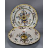 Two large Spanish faience pottery chargers, c.1840, diameter 34cm