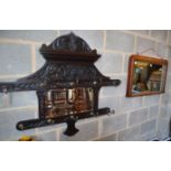 A Victorian inlaid rosewood overmantel mirror, W.84cm, together with a later Flemish carved oak