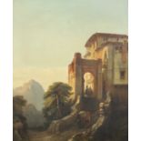 François Antoine Bossuet (1800-1889)oil on canvasTravellers alongside a hilltop townsigned22.5 x