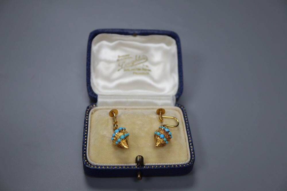 A pair of yellow metal (tests as 15ct) and turquoise set pear shaped drop ear clips, 17mm, gross 4 - Image 2 of 2