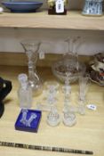 A Victorian engraved glass claret jug and sundry glassware, including two decanters and stoppers,