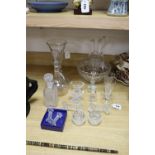 A Victorian engraved glass claret jug and sundry glassware, including two decanters and stoppers,