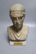 A bust of a Charioteer of Delphi, height 28cm