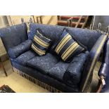 A three seater Knoll settee upholstered in dark blue damask, width 182cm, depth 78cm, height 114cm