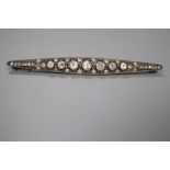 An early 20th century Russian? yellow and white metal, diamond set bar brooch, 65mm, gross 4.9
