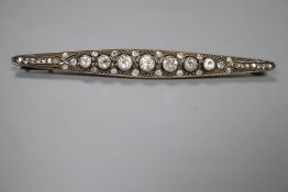 An early 20th century Russian? yellow and white metal, diamond set bar brooch, 65mm, gross 4.9