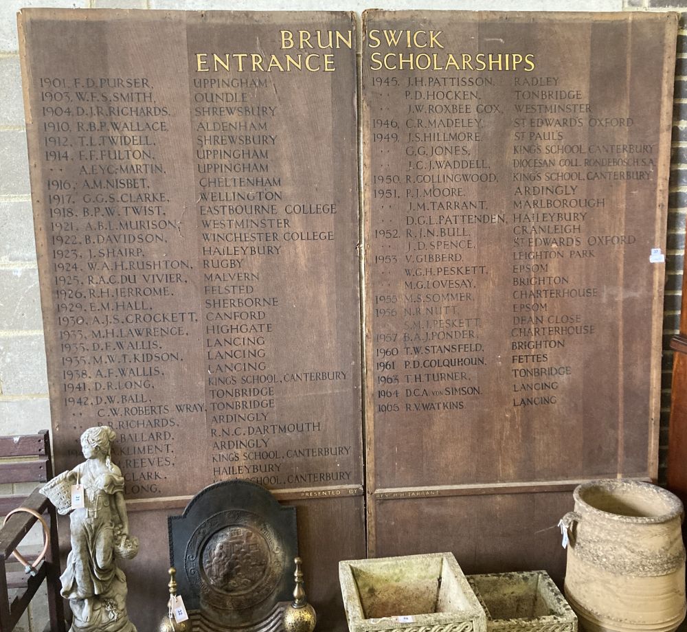 Two painted wood school scholarship nameboards, Brunswick Entrance Scholarships, from the years 1901