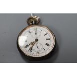 An early 20th century Swiss gun metal keyless chronograph pocket watch, outer dial inscribed '15