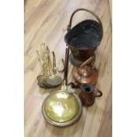 A 19th century brass warming pan, a Victorian trivet and sundry metalware