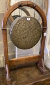 A Victorian Gothic revival oak dinner gong, height 92cm