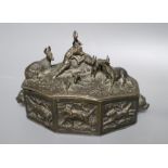 A bronze box with stag and deer surmounted lid, height 11cm