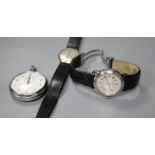 A gentleman's 1970's 9ct gold Tissot watch, a Baume & Mercier steel watch and a Lemania stopwatch.