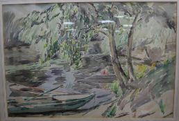 Percy Hague Jowett (1882-1955), watercolour, Boats on a riverbank, 32 x 48cm 13 x 19 ins.