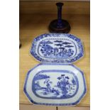 Two 18th century Chinese export blue and white octagonal dishes and a hardwood stand