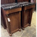 A pair of Empire style mahogany marble top bedside cupboards, width 40cm, depth 37cm, height 80cm (