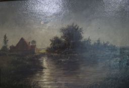 19th century English school, oil on canvas, Moonlit landscape with figure in a rowing boat, 22 x