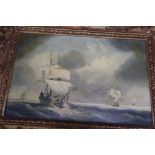 Manner of Thomas Luny (1759-1837), oil on panel, Naval vessels at sea, 19 x 29cm