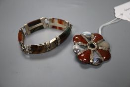 A 20th century silver and Scottish hardstone and agate set bracelet and a similar shaped circular