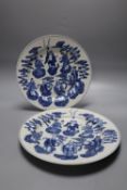 A pair of Chinese figural plates, in underglaze blue, diameter 27cm