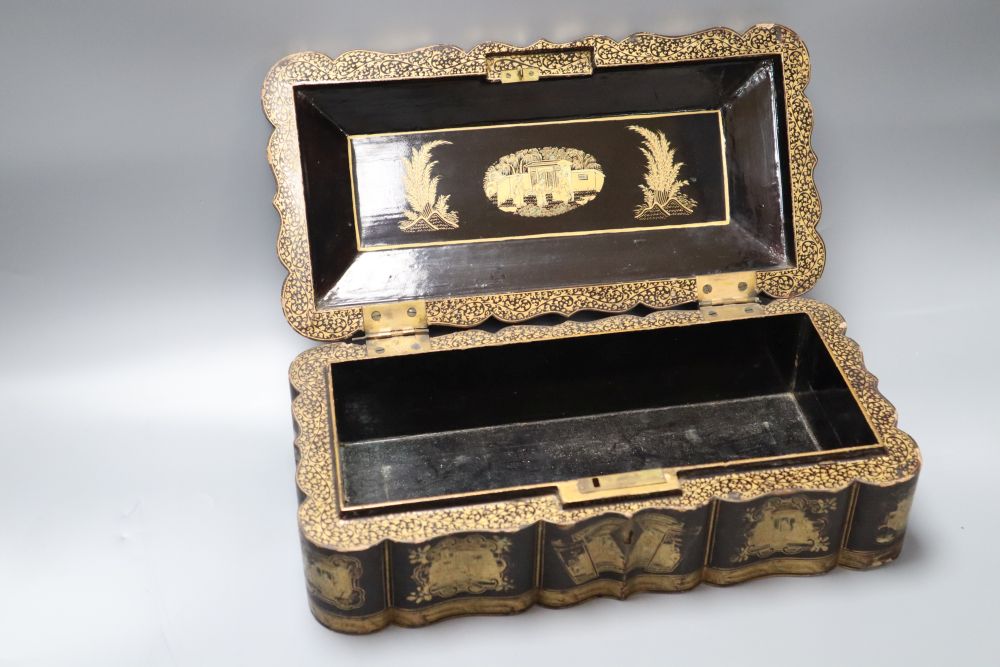 A late 19th century Chinese export glove box, gilded with vignettes, width 31cm - Image 2 of 2