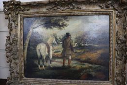 English School (19th century), oil on canvas, Sportsman in a landscape, 29 x 39cm