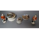 Two Staffordshire pottery figures of Crimean War Generals, 13cm and three pot lids (2 with bases)
