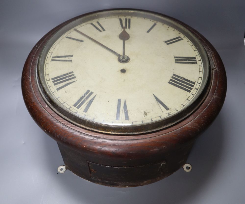 A late Victorian oak cased wall clock, with single fusee movement, with pendulum, dial 28cm