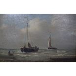 Peter P Schidges (1826-1876) oil on wooden panel, Sail barges off the coast, signed, 12 x 19cm
